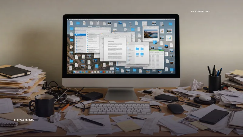 The digital desk before organizing, with scattered papers and desktop files