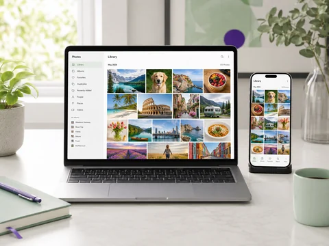 A photo library displayed across a computer and phone