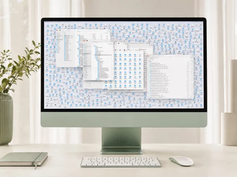 A desktop with files and open Finder windows