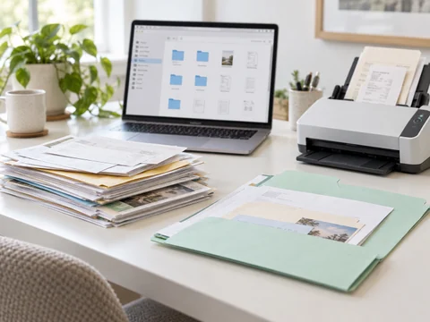 Paper records beside a scanner and organized digital files
