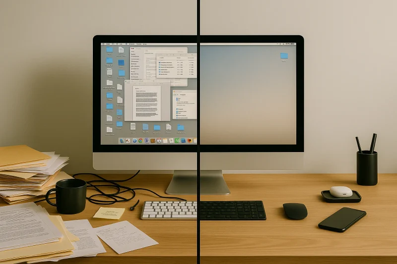 Digital desk organizing before and after