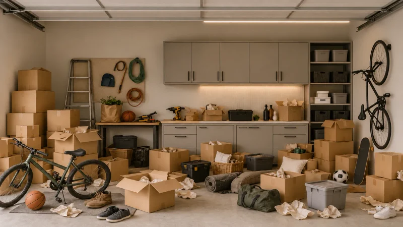 Garage before organizing, left, and after organizing, right
