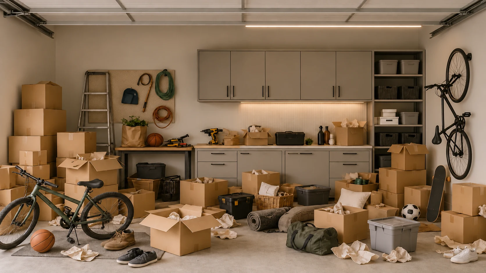Garage before organizing, left, and after organizing, right