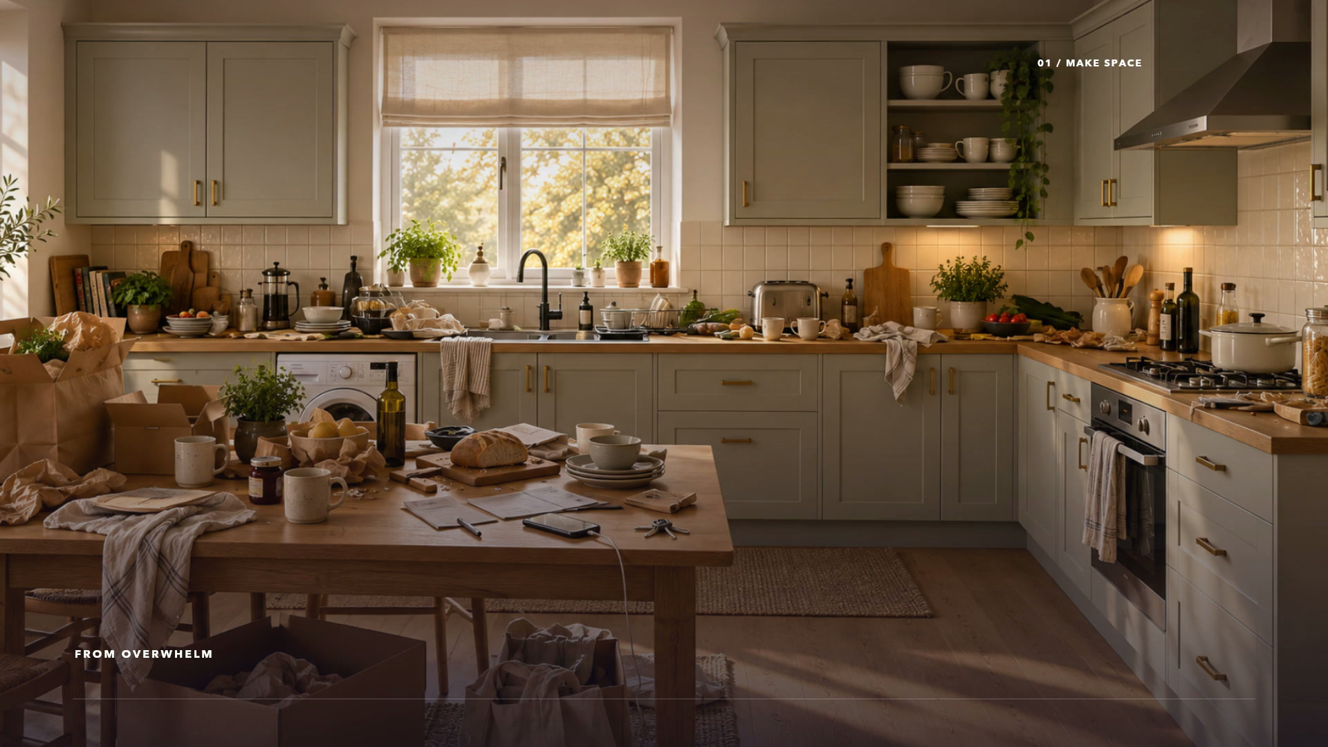 The kitchen before organizing, with cluttered counters