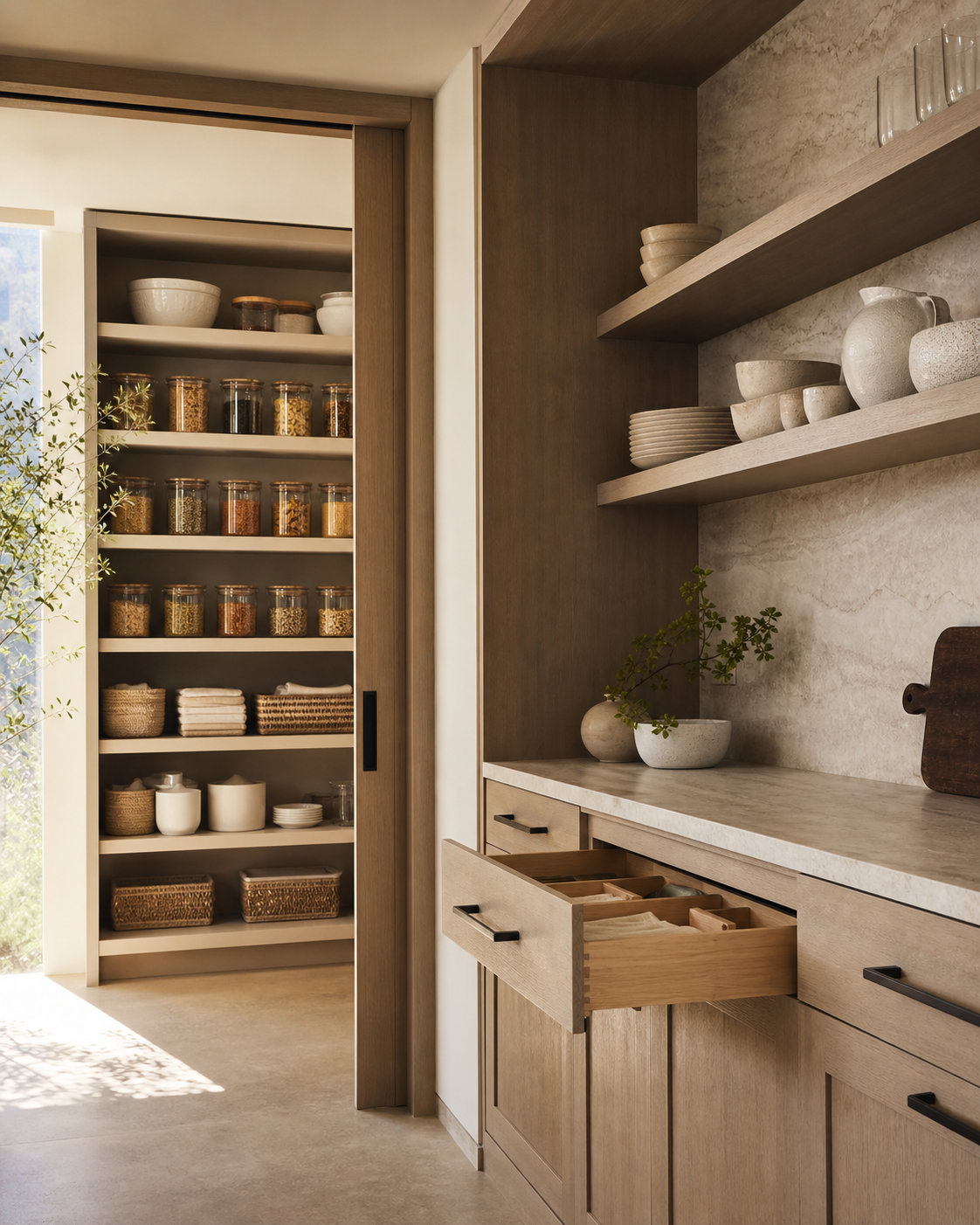 Warm, refined pantry with labeled storage and open shelving after professional organizing