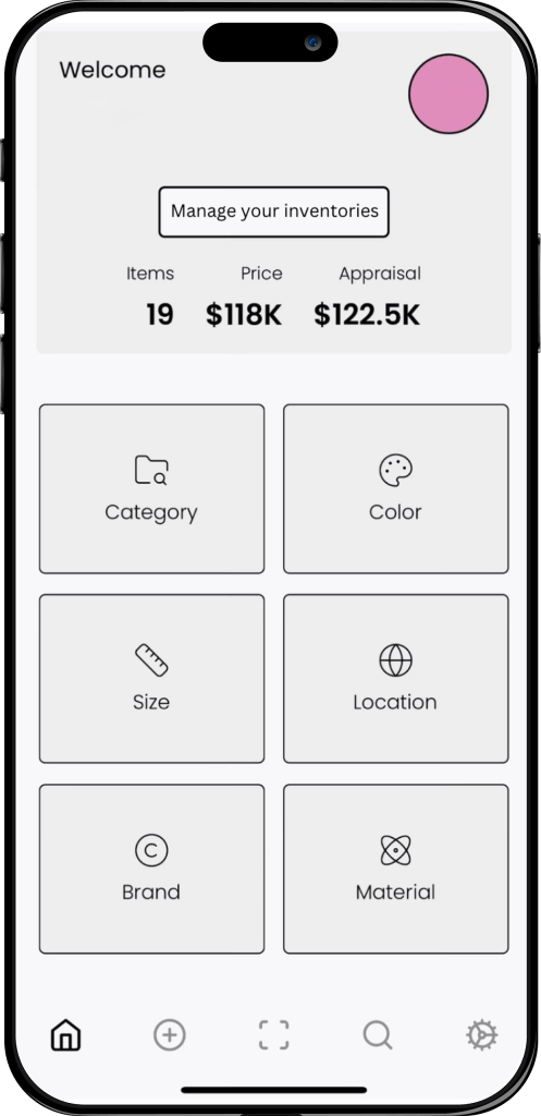 O.C.D. Inventory App showing ways to organize belongings by category, color, size, location, brand, and material
