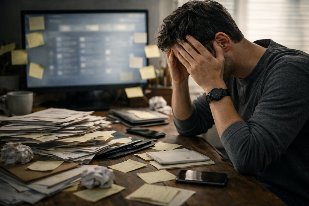 Man sitting at a cluttered wooden desk with his head in his hands, surrounded by scattered papers and a blurred computer screen, representing digital overwhelm.