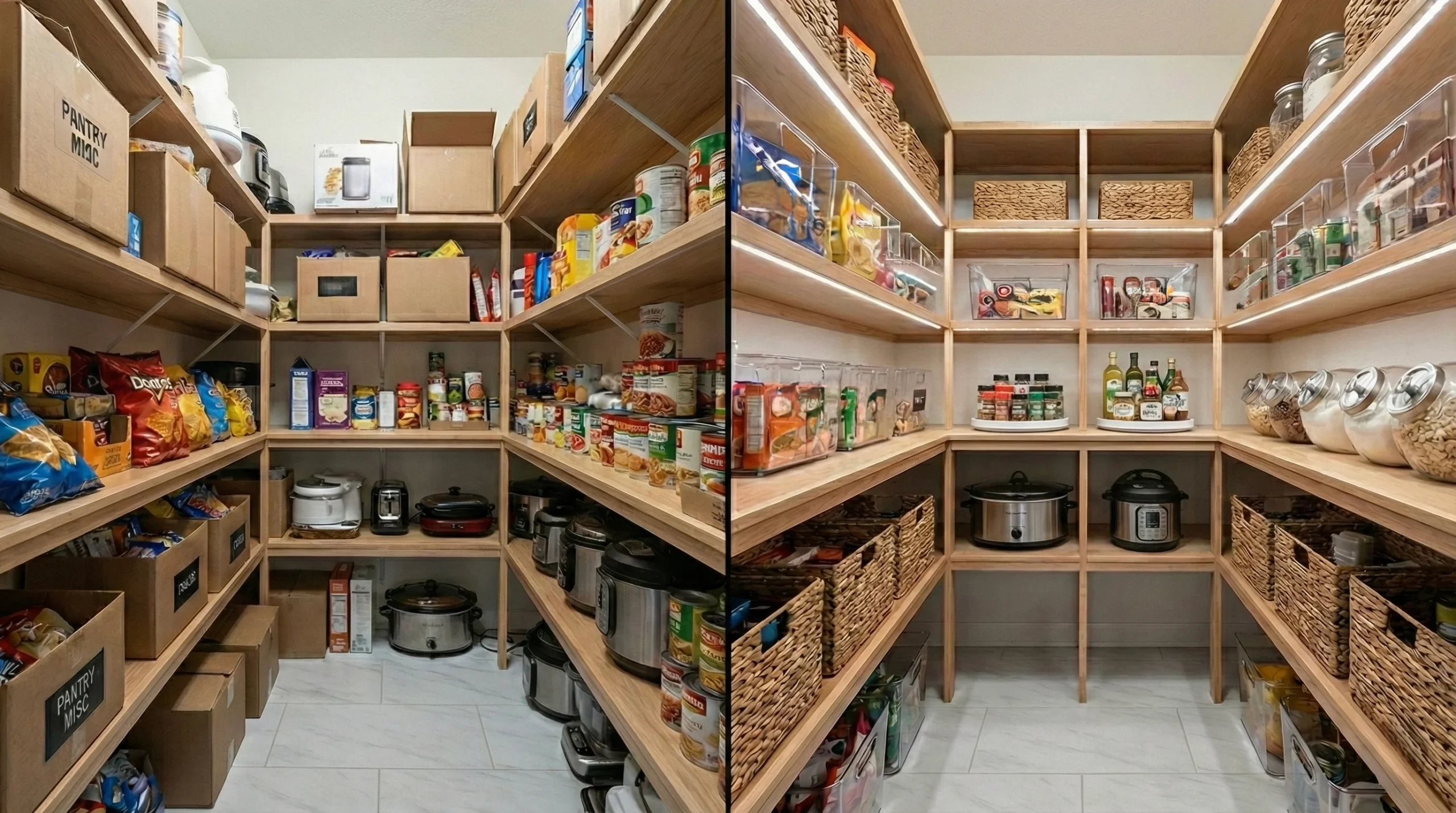 Pantry comparison showing loose supplies and organized storage zones