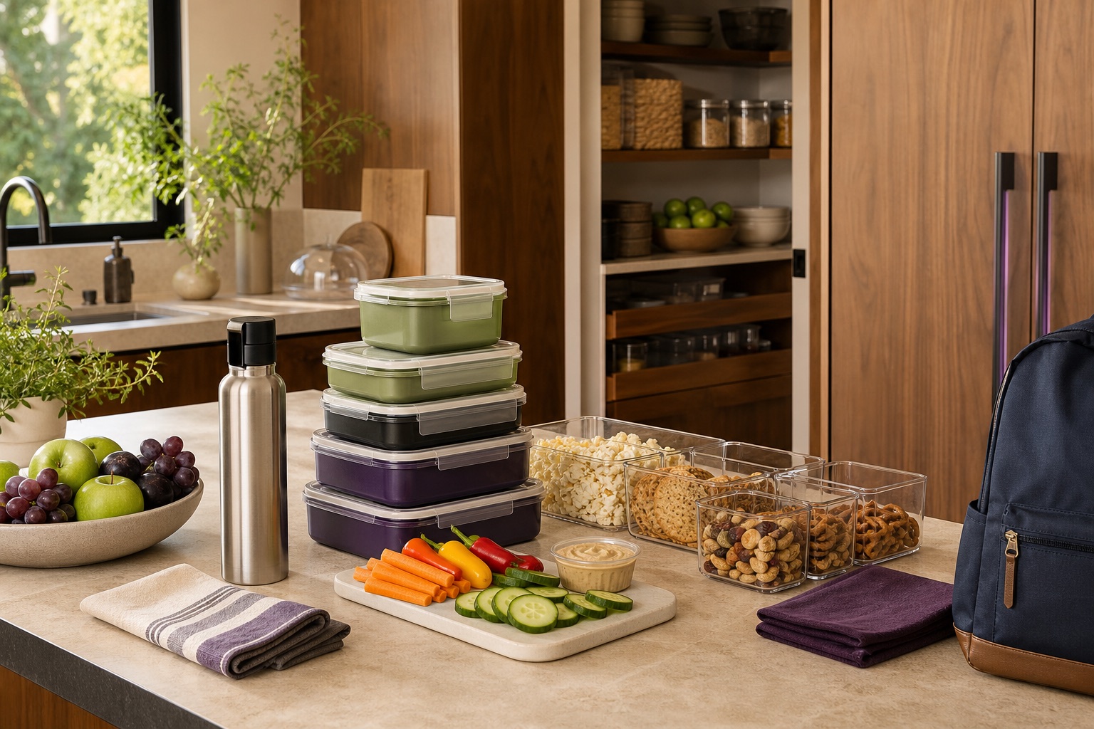 Organized school lunch preparation station with reusable containers, healthy snacks, water bottle, and backpack in a modern kitchen