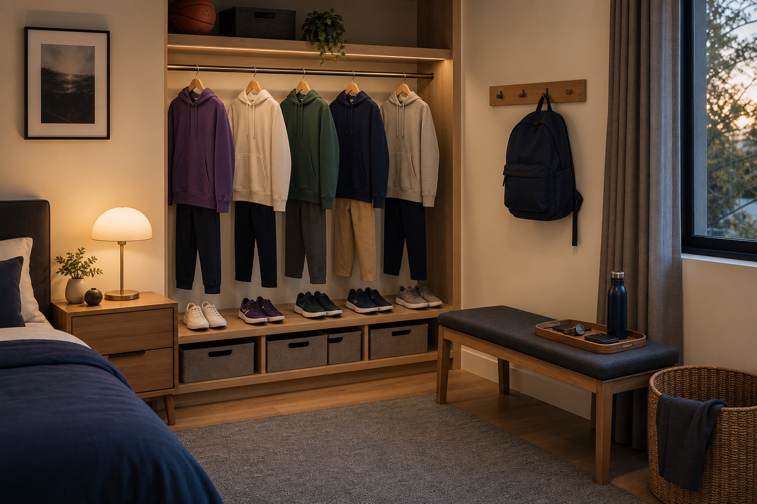 Organized school-night bedroom with five coordinated outfits, paired shoes, backpack hook, essentials tray, and low hamper