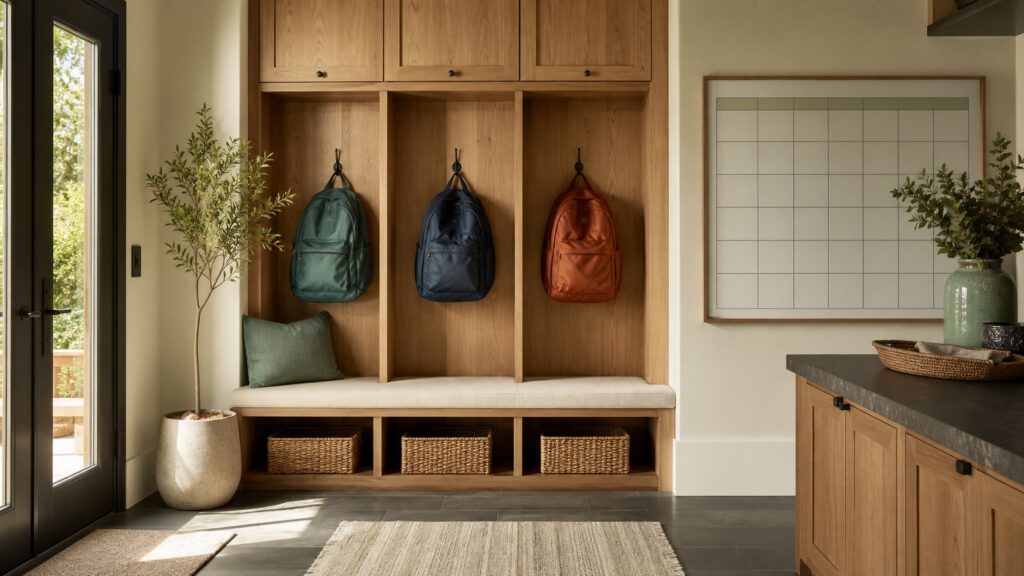 Organized back-to-school command center with three backpacks, cubbies, hooks, and a blank family calendar