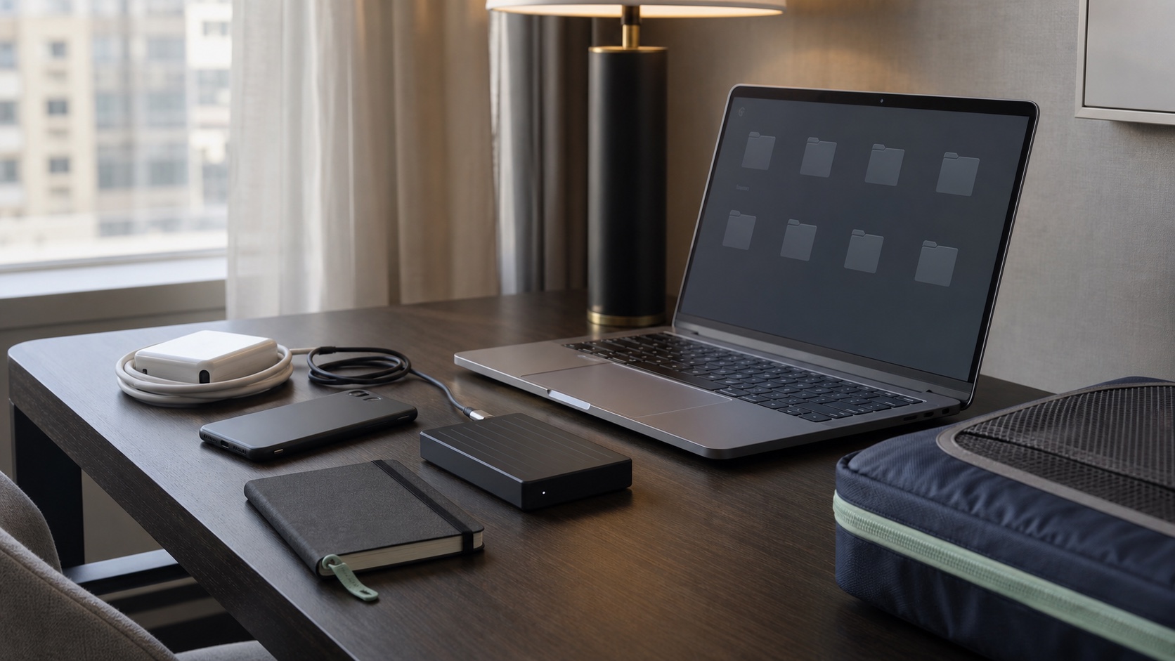 Organized digital travel workspace with laptop, secure folder system, phone, drive, cables, and packing cube