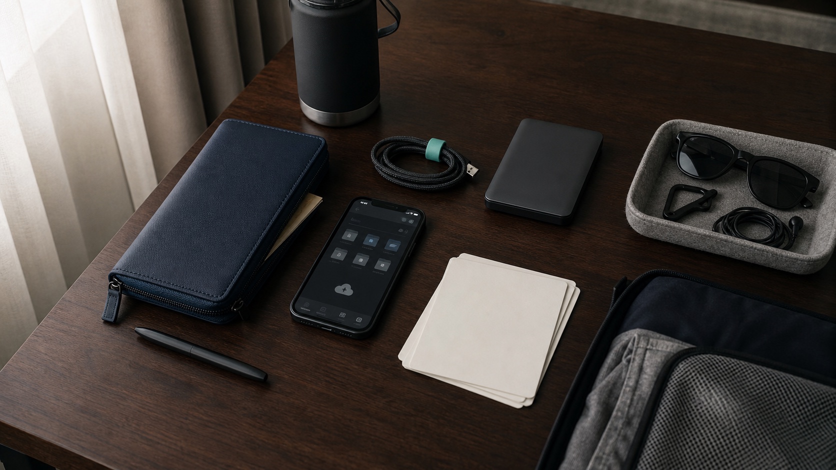 Top-down travel-prep desk with a secure document wallet, phone, drive, cables, and neatly organized essentials