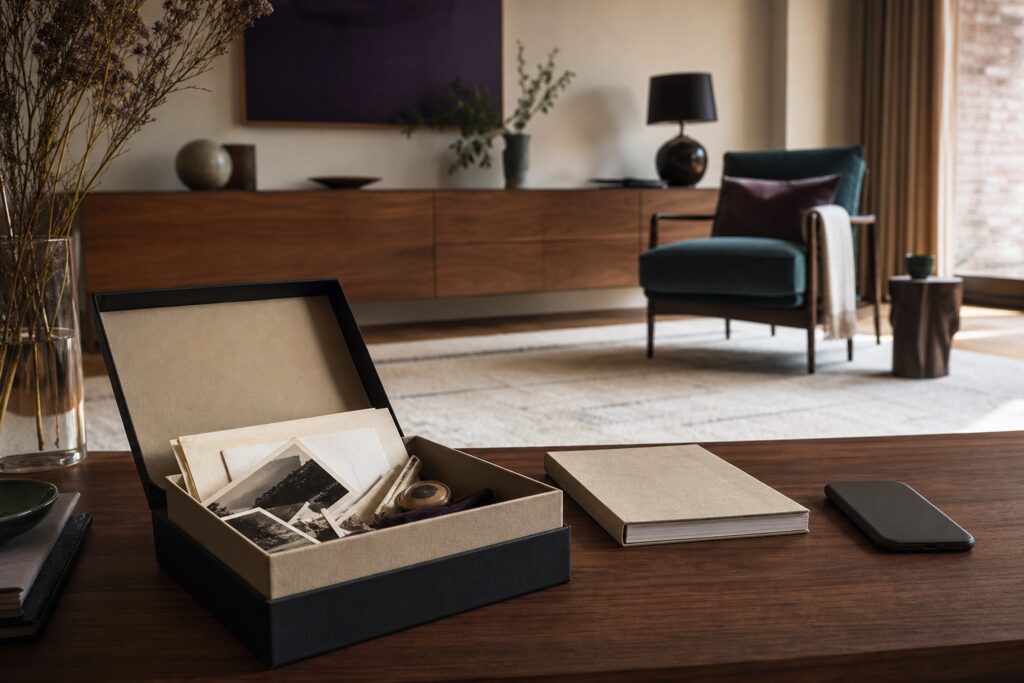 An open archival memory box with photographs and letters in a calm, organized living room