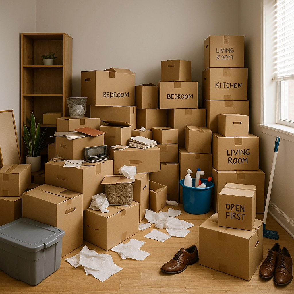 Moving boxes labeled by room, including an open-first box beside packing supplies