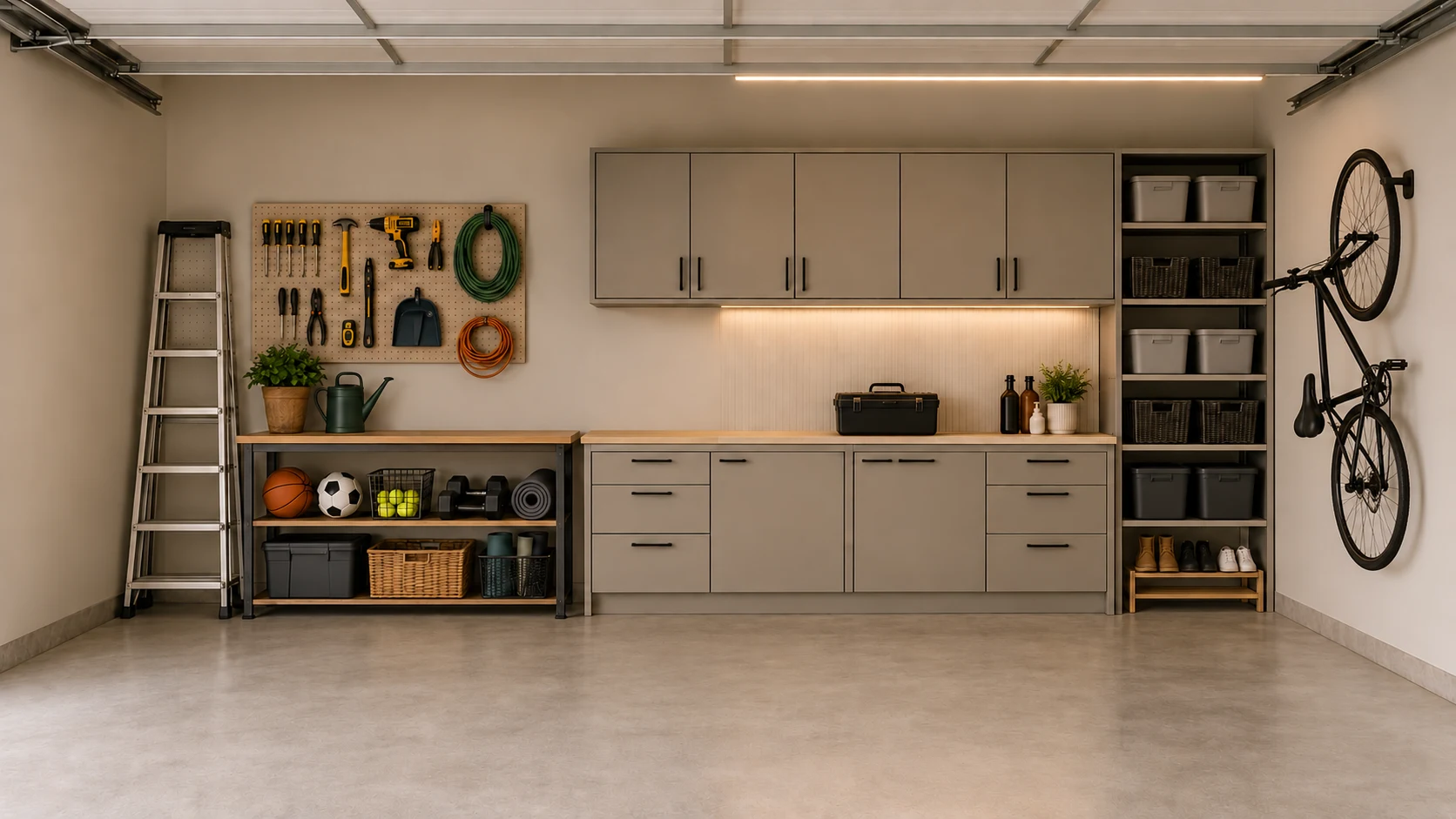 Organized garage with separate shelving for tools, sports equipment, shoes, and storage bins